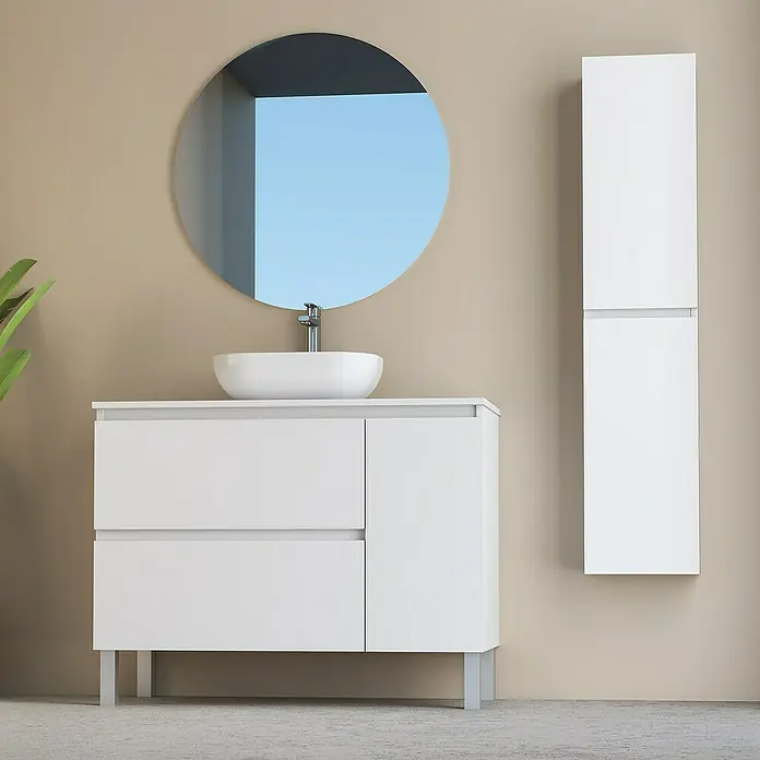 Artysan Conjunto de mueble de baño Oval - Ancho: 100 cm, Blanco, 4 pzs. - Elegante conjunto de baño con un moderno tocador blanco, un espejo redondo y un armario alto a juego para un ambiente elegante.