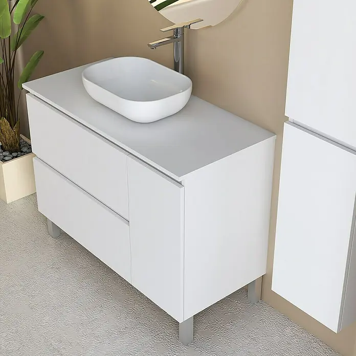 Artysan Conjunto de mueble de baño Oval - Ancho: 100 cm, Blanco, 4 pzs. - Un moderno conjunto de baño con un mueble de lavabo blanco y un lavabo sobre encimera, perfecto para un diseño elegante de baño.