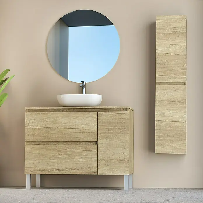Artysan Conjunto de mueble de baño Oval - Ancho: 100 cm, Nature, 4 pzs. - Conjunto de muebles de baño con mueble bajo lavabo, lavabo sobre encimera, espejo y armario de pared en aspecto madera para un ambiente moderno.