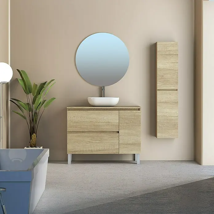Artysan Conjunto de mueble de baño Oval - Ancho: 100 cm, Nature, 4 pzs. - Mueble de baño con espejo redondo, lavabo y armario alto. Un diseño moderno para baños elegantes.
