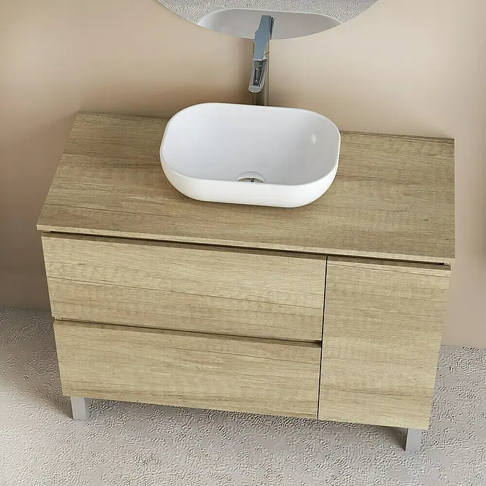 Artysan Conjunto de mueble de baño Oval - Ancho: 100 cm, Nature, 4 pzs. - Mueble de baño de madera con lavabo sobre encimera blanco y grifo cromado para el baño.
