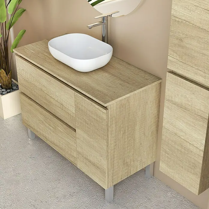 Artysan Conjunto de mueble de baño Oval - Ancho: 100 cm, Nature, 4 pzs. - Mueble de lavabo de madera clara con lavabo sobre encimera blanco y grifo cromado, complementado con un armario alto a juego.