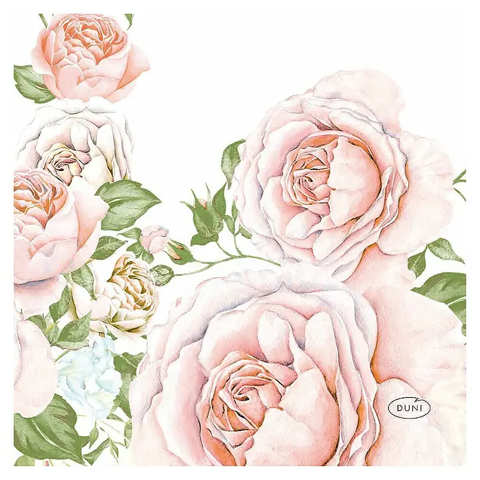 Duni Serviette - 20 Stk., 24 x 24 cm, Rose Glory - Ein quadratisches Stoffserviette mit einem zarten Rosenmuster in verschiedenen Rosatönen und grünen Blättern, ideal für elegante Tischdekorationen.