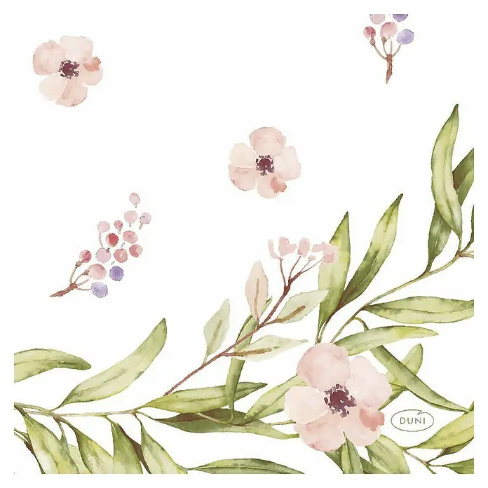 Duni Serviette - 20 Stk., 24 x 24 cm, Woodland - Zarte Aquarell-Serviette von Duni mit floralem Muster in Rosa und Grün. Elegantes Design für besondere Anlässe oder den täglichen Gebrauch.