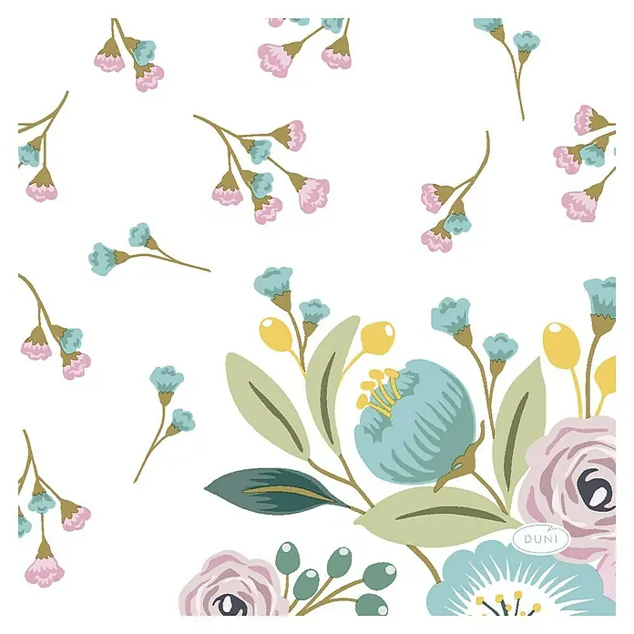 Duni Serviette - 20 Stk., 24 x 24 cm, Blossoms - Ein bezauberndes florales Muster mit zarten Blumen und Blättern, ideal für Tischdekorationen und festliche Anlässe.