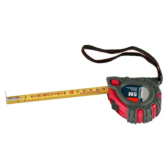 Wisent Werkzeugkoffer Professional - 160 -tlg. - Ein Wisent 5M Maßband mit einem gelben Bandmaß, das bis zu 15 cm ausgefahren ist, und einer Handschlaufe.
