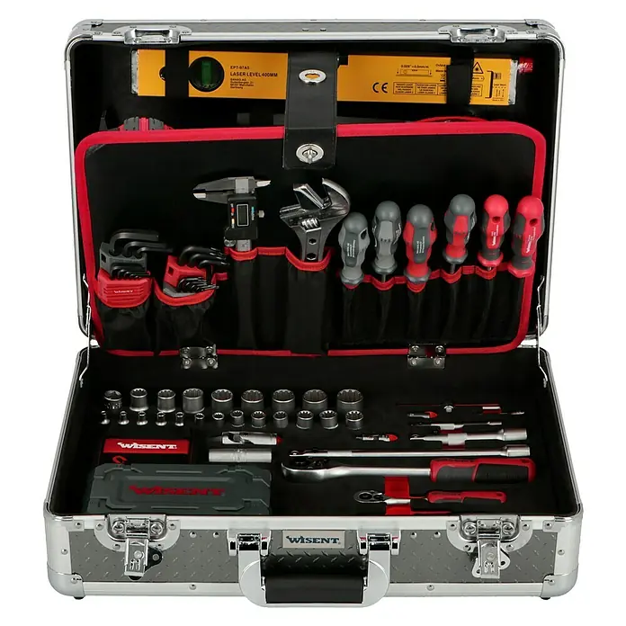 Wisent Werkzeugkoffer Professional - 160 -tlg. - Werkzeugkoffer mit Werkzeugen. Das Sortiment umfasst Schraubenschlüssel, Schraubendreher, Steckschlüsseleinsätze, Drehmomentschlüssel und eine Wasserwaage.