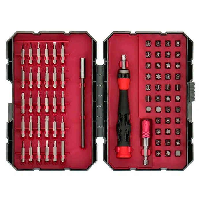 Wisent Werkzeugkoffer Professional - 160 -tlg. - Ein offener Werkzeugkoffer mit einer Vielzahl von Schraubendreherbits und einem Schraubendrehergriff für verschiedene Reparatur- und Wartungsarbeiten.