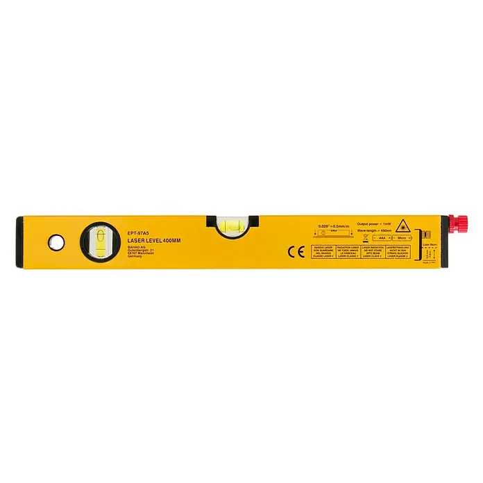 Wisent Maletín de herramientas Professional - 160 pzs. - La imagen muestra un nivel láser amarillo EPT-97A5 (400 mm) de BAHAG AG. El láser tiene una potencia de salida < 1mW, longitud de onda 650nm.