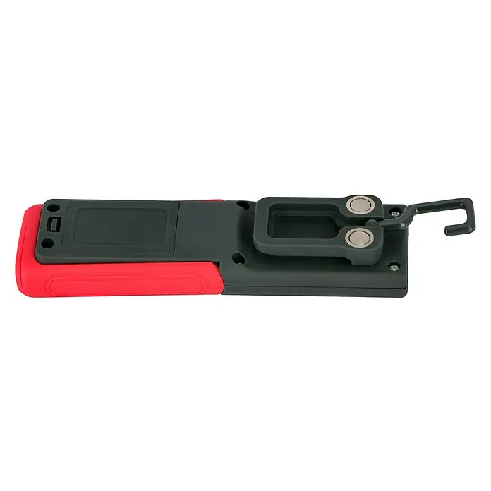 Wisent Werkzeugkoffer Professional - 160 -tlg. - Rückansicht einer roten und grauen Arbeitsleuchte mit Haken und Magneten für zusätzlichen Komfort und vielseitige Anwendung.
