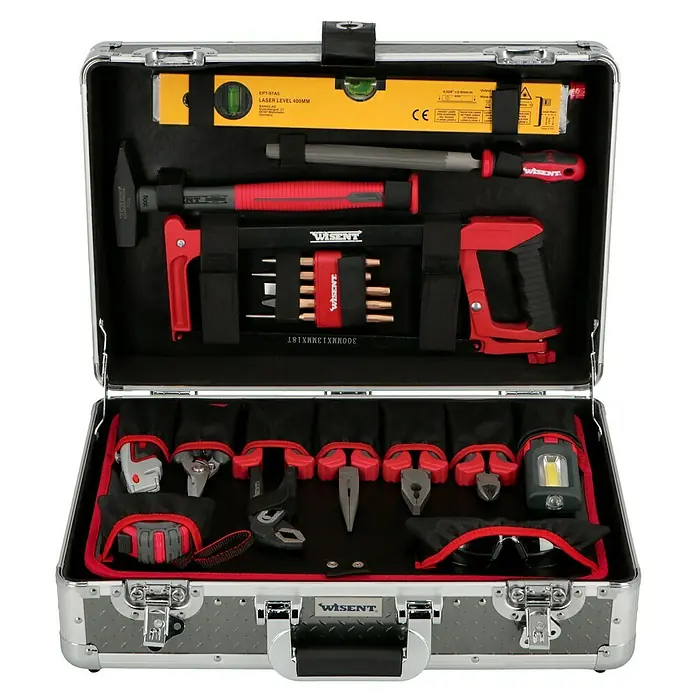 Wisent Werkzeugkoffer Professional - 160 -tlg. - Werkzeugkoffer mit einer Vielzahl von Werkzeugen wie Hammer, Zangen, Schraubendreher und einer Wasserwaage für verschiedene Anwendungen.