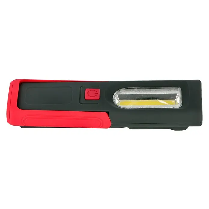 Wisent Maletín de herramientas Professional - 160 pzs. - Primer plano de una luz de trabajo roja y gris con un panel LED rectangular y un botón de encendido/apagado rojo.