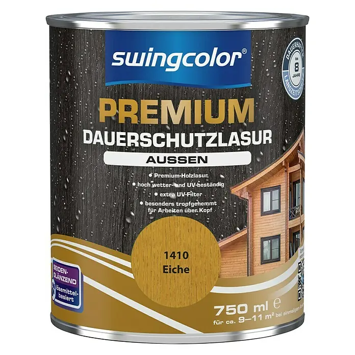 swingcolor Premium Holzlasur - Eiche, 750 ml, Seidenglänzend - Dose Swingcolor Premium Dauerschutzlasur Außen, Farbton Eiche 1410, seidenglänzend, lösemittelbasiert, für langanhaltenden Holzschutz im Außenbereich.