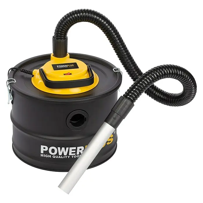 PowerPlus Aspirador de cenizas eléctrico POWX3000 - 1.000 W, Volumen de recipiente: 15 l, Sin bolsa - Aspirador de cenizas POWERPLUS con recipiente negro, tapa amarilla y manguera negra para limpieza profunda.