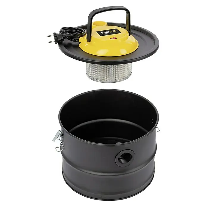 PowerPlus Aspirador de cenizas eléctrico POWX3000 - 1.000 W, Volumen de recipiente: 15 l, Sin bolsa - Un aspirador de cenizas Powerplus desmontado que consta de un cabezal de motor amarillo, un filtro y un recipiente negro.