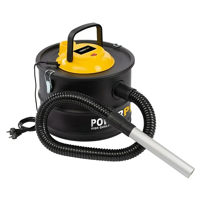 PowerPlus Aspirador de cenizas eléctrico POWX3000 - 1.000 W, Volumen de recipiente: 15 l, Sin bolsa - Imagen de un aspirador en seco y húmedo POWERPLUS. El aspirador es negro y amarillo y tiene una manguera flexible.