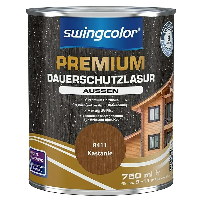 swingcolor Premium Holzlasur - Kastanie, 750 ml, Seidenglänzend - Dose Swingcolor Premium Dauerschutzlasur Außen, Farbton Kastanie 8411, seiden-glänzend, lösemittelbasiert für langanhaltenden Holzschutz.