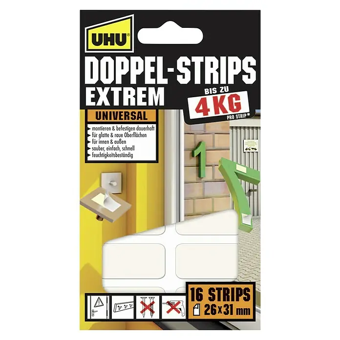 UHU Doppel-Strips Extrem - 16 Stk., 31 x 26 mm - UHU Doppel-Strips Extrem: Universelle, feuchtigkeitsbeständige Klebestreifen für glatte und raue Oberflächen, bis zu 4 kg pro Streifen.
