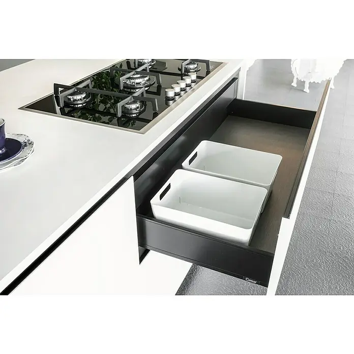 Regalux Aufbewahrungsbox R-BoxL x B x H: 24 x 8 x 17 cm, Kunststoff, Weiß - Detailaufnahme eines Küchenschranks mit Auszug, der zwei weiße Aufbewahrungsboxen enthält, neben einem modernen Kochfeld.