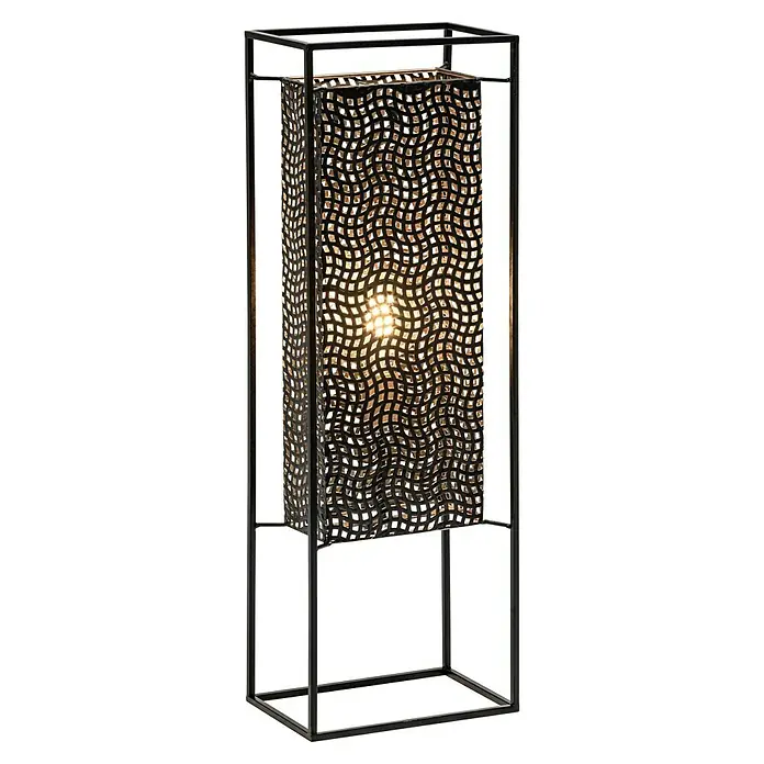 Stehleuchte40 W, Höhe: 76 cm, Schwarz - Elegante Stehlampe mit schwarzem Metallrahmen und einem Lampenschirm mit dekorativem, gewelltem Muster, das ein warmes Licht erzeugt.