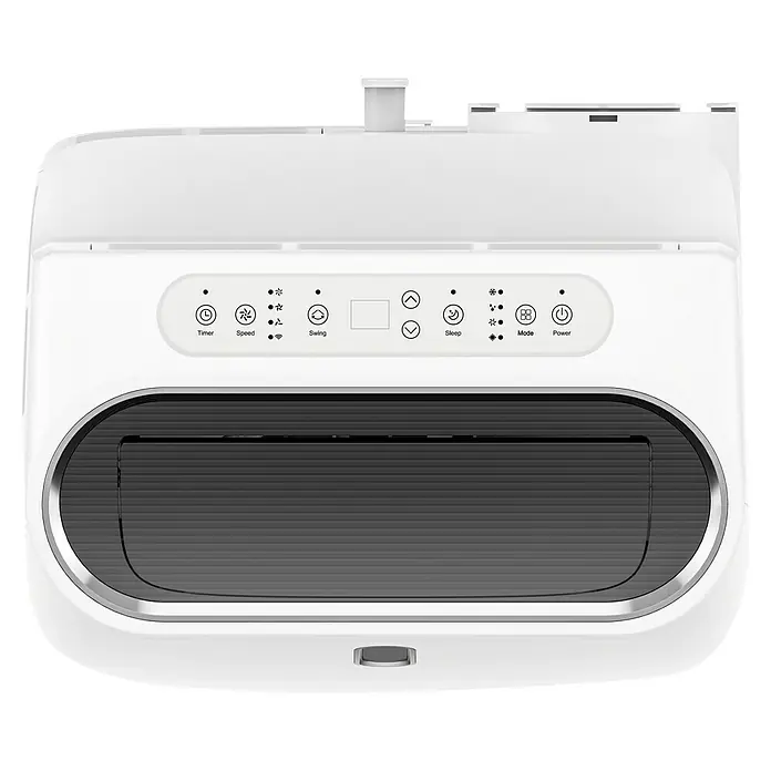 Voltomat Aire acondicionado portátil Local Hielón - 4.600 W, Tamaño de la estancia: 46 m², Blanco/Negro - Primer plano de un aire acondicionado que muestra diferentes controles como temporizador, velocidad, modo y una pantalla bien visible.
