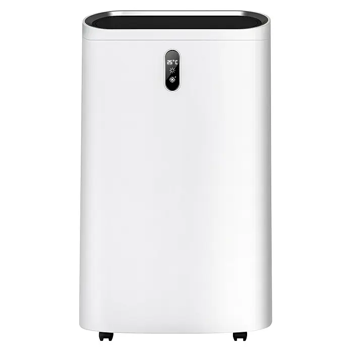 Voltomat Aire acondicionado portátil Local Hielón - 4.600 W, Tamaño de la estancia: 46 m², Blanco/Negro - Deshumidificador blanco con pantalla digital que muestra 25° C e iconos de sol y copo de nieve.