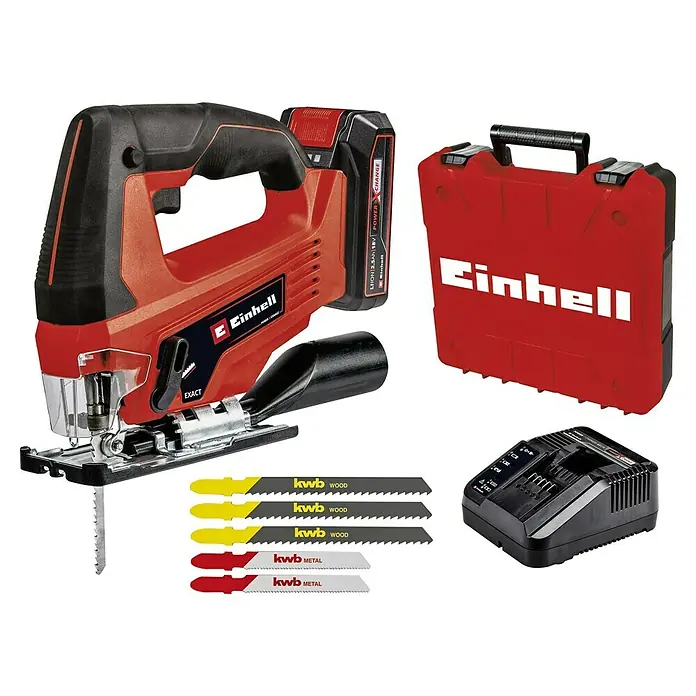 Einhell PXC 18V Sierra de calar a batería con acción pendular TC-JS 18 Li-Solo - 18 V, Sin batería, 0 /min - 2.700 /min - Sierra de calar inalámbrica Einhell con batería, cargador, maletín y hojas de sierra para madera y metal para cortes precisos.