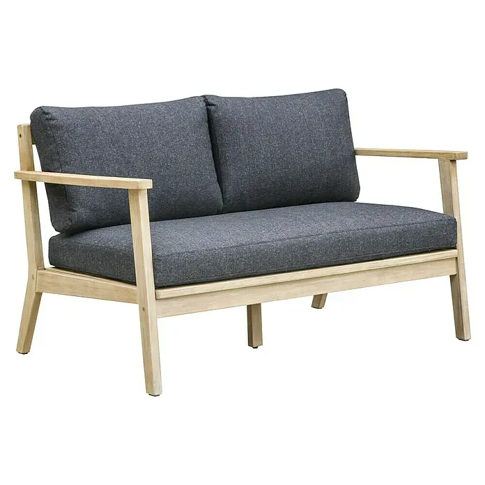 Sunfun Kathrin Loungesofa - B x T x H: 133 x 81 x 78 cm, Akazie, Olefin, Anthrazit/Braun - Dieses Bild zeigt ein modernes Outdoor-Sofa mit grauem Stoff und hellem Holzrahmen. Es ist ideal für den Garten oder die Terrasse.