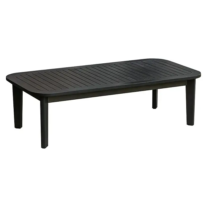 Sunfun Garten-Couchtisch Coralie - L x B x H: 120 x 60 x 35 cm, Mattschwarz - Schwarzer Outdoor-Couchtisch mit Lamellendesign. Der Tisch hat abgerundete Ecken und robuste Beine, ideal für Garten oder Terrasse.