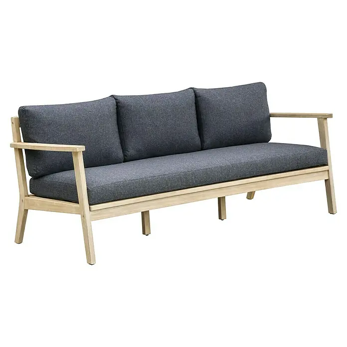 Sunfun Kathrin Loungesofa - B x T x H: 190 x 81 x 78 cm, Akazie, Olefin, Anthrazit/Braun - Graues Dreisitzer-Sofa mit hellem Holzrahmen für den stilvollen Innen- und Außenbereich. Komfort und elegantes Design vereint.