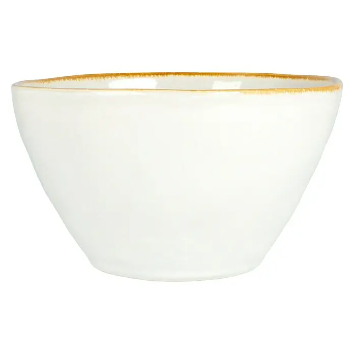 Schale Tabo - Ø x H: 14 x 6,5 cm, Weiß - Nahaufnahme einer weißen Keramikschale mit einem braunen Rand, ideal für Müsli, Suppen oder Desserts. Vielseitig und stilvoll.