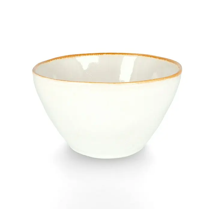 Schale Tabo - Ø x H: 14 x 6,5 cm, Weiß - Elegante, cremefarbene Keramikschale mit zartem, braunem Rand. Ideal für Dips, Snacks oder als dekoratives Element.