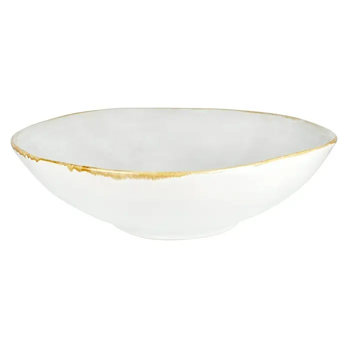 Schale Tabo - Ø x H: 30,5 x 9 cm, Weiß - Nahaufnahme einer weißen Keramikschale mit einem goldenen Rand. Die Schale ist leer und hat eine unregelmäßige Form.