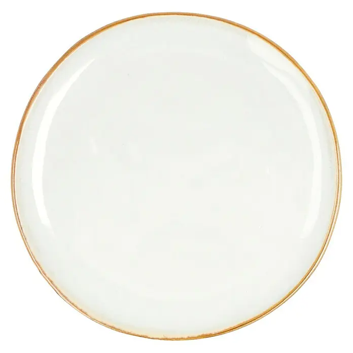 Teller Tabo - 1 Stk., Ø x H: 20,5 x 2 cm, Keramik, Weiß - Nahaufnahme eines eleganten, weißen Speisetellers mit einem feinen, braunen Rand, der die Form betont. Ideal für stilvolle Tischdekorationen.