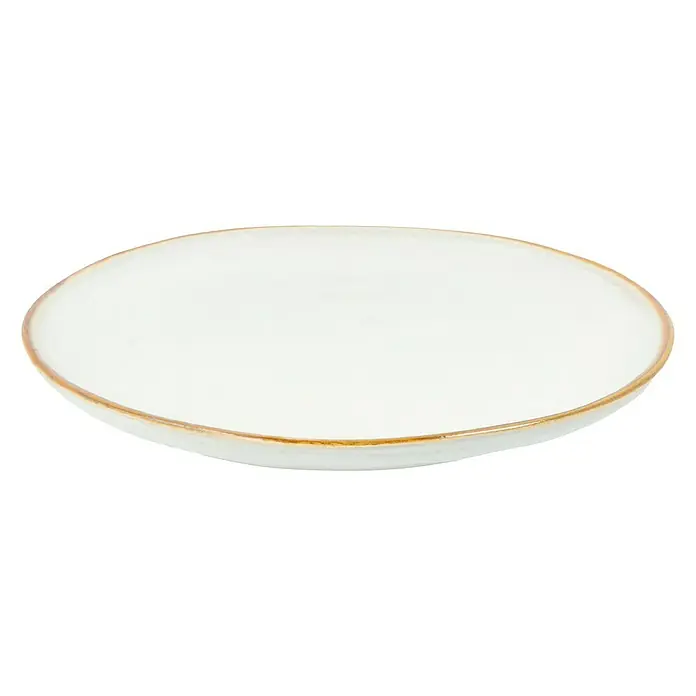 Teller Tabo - 1 Stk., Ø x H: 20,5 x 2 cm, Keramik, Weiß - Nahaufnahme eines flachen, runden Tellers mit beigerandiger Oberfläche, ideal für Speisenpräsentation.