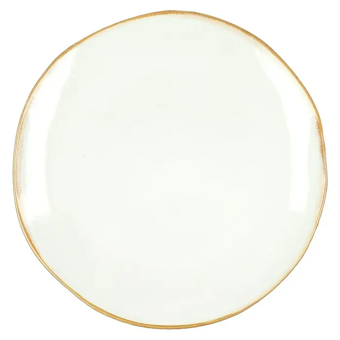 Teller Tabo - 1 Stk., Ø x H: 26,5 x 3 cm, Keramik, Weiß - Nahaufnahme eines eleganten, hellen Tellers mit goldenem Rand, ideal für stilvolle Tischdekorationen und besondere Anlässe.
