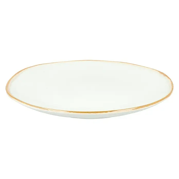 Teller Tabo - 1 Stk., Ø x H: 26,5 x 3 cm, Keramik, Weiß - Ovaler, elfenbeinfarbener Teller mit goldenem Rand, ideal für elegante Tischdekoration und stilvolles Servieren von Speisen.