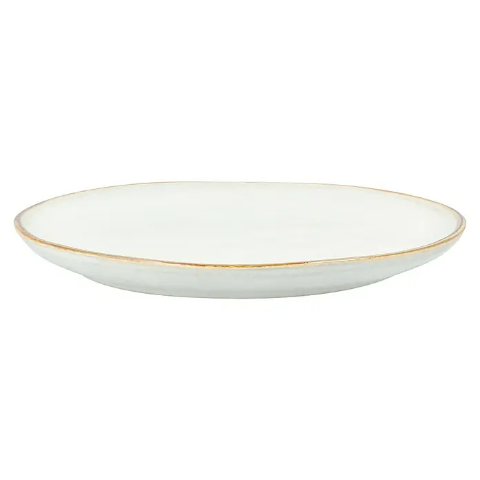 Teller Tabo - 1 Stk., Ø x H: 20,5 x 2 cm, Keramik, Weiß - Nahaufnahme eines leeren, weißen Tellers mit einem dezenten braunen Rand, der eine elegante Schlichtheit für den Esstisch ausstrahlt.