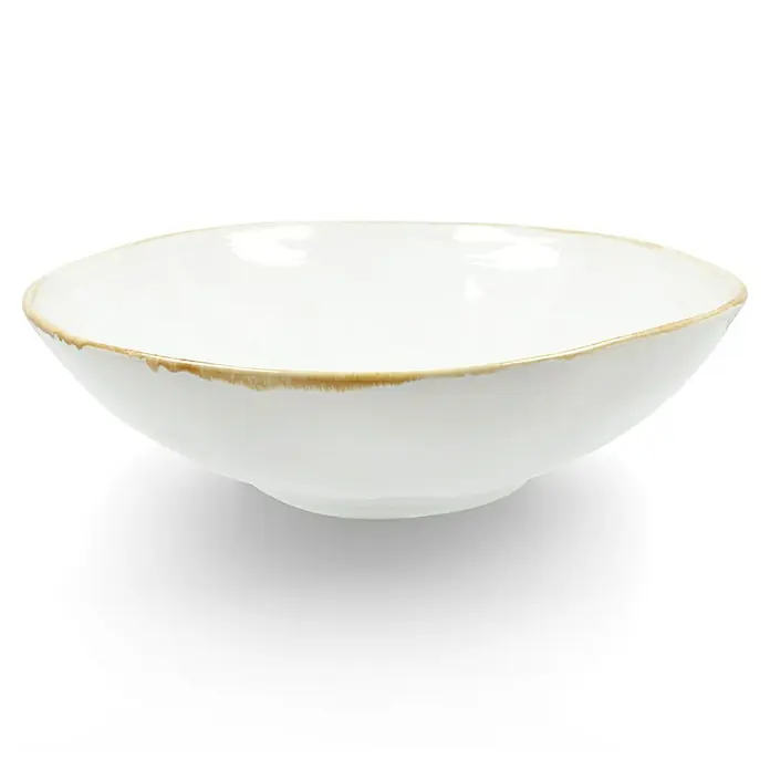 Schale Tabo - Ø x H: 30,5 x 9 cm, Weiß - Nahaufnahme einer eleganten weißen Schale mit einem zarten braunen Rand, perfekt für stilvolle Tischdekorationen.