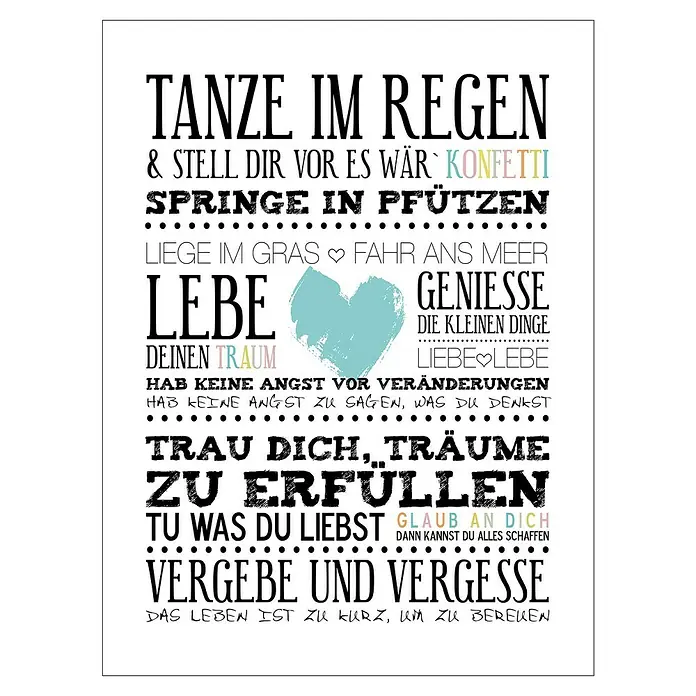 ProArt Type Hype Holzbild - Blue Heart, B x H: 30 x 40 cm - Motivationsposter mit deutschem Text, der dazu auffordert, das Leben zu genießen und positiv zu denken.