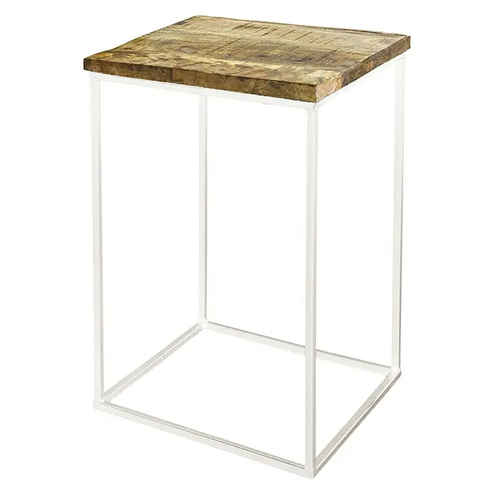 Beistelltisch29 x 29 x 44,5 cm, Mangoholz, Natur/Weiß - Bild eines Beistelltisches mit einer Holzplatte und einem weißen Metallgestell. Das Möbelstück hat ein modernes und minimalistisches Design.