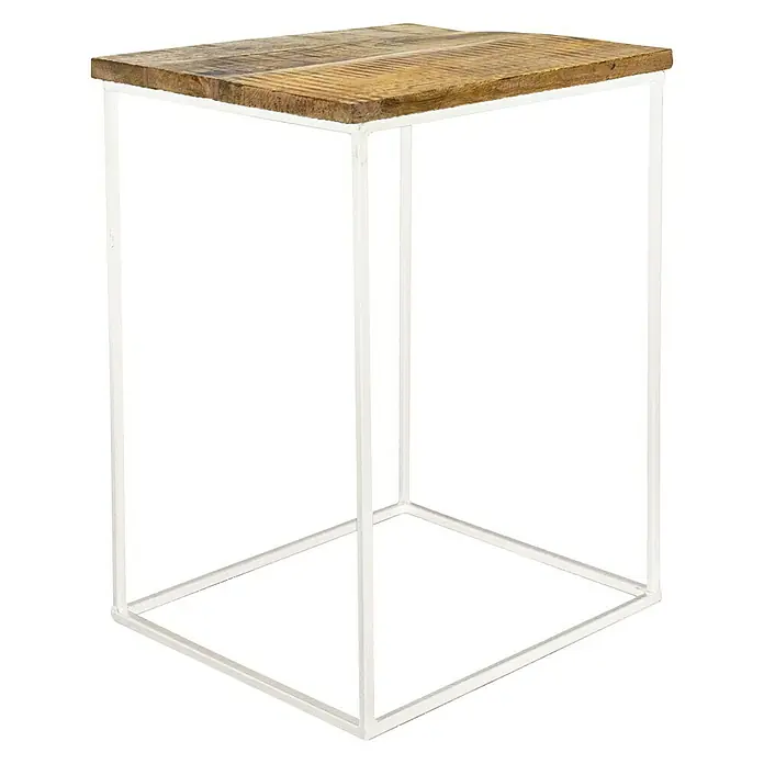 Beistelltisch - 38 x 38 x 53 cm, Mangoholz, Natur/Weiß - Dieser Beistelltisch besticht durch seine Holzplatte und das minimalistische, weiße Metallgestell. Praktisch und stilvoll für jeden Raum.