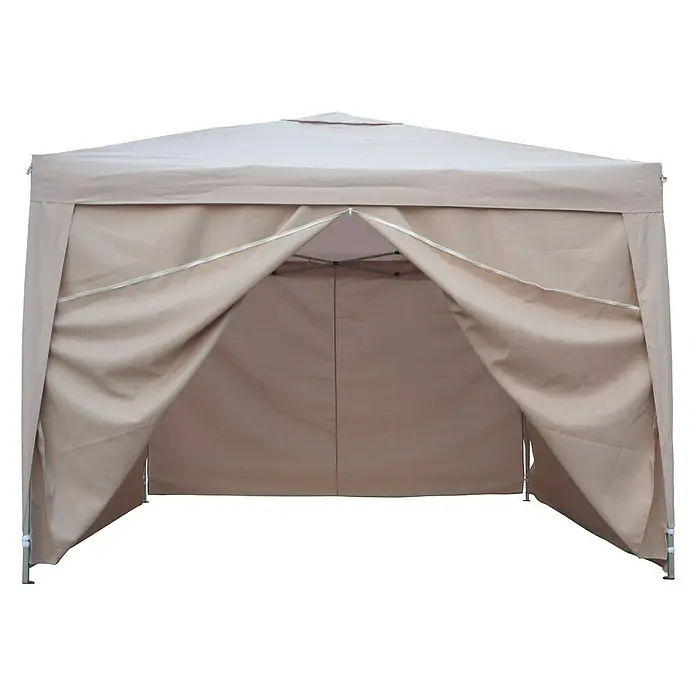 Sunfun Seitenwände Pavillon Easy Up - 3 x 3 x 2 m, PE 160 g/m² - Bild eines beigefarbenen Pavillons mit offenem Eingangsbereich. Das Zelt bietet Schutz vor Sonne und leichtem Regen im Freien.