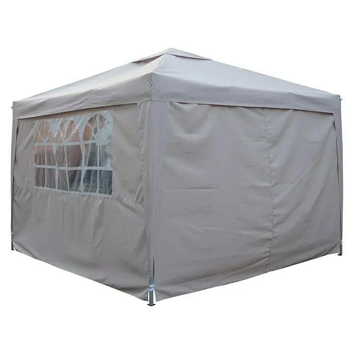 Sunfun Seitenwände Pavillon Easy Up - 3 x 3 x 2 m, PE 160 g/m² - Nahaufnahme eines beigefarbenen Pavillons mit einem transparenten Fenster, ideal für Veranstaltungen im Freien.