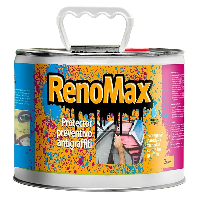 Protector de grafitis preventivo - 2 l, Lata - Bote de recubrimiento antigraffiti RenoMax. Previene el graffiti y facilita la limpieza de paredes y fachadas. Contiene 2 litros.