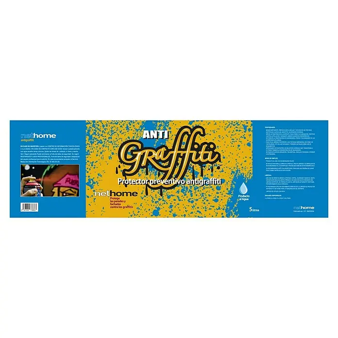 Protector de grafitis preventivo - 5 l, Lata - Imagen del spray "NetHome Anti-Graffiti", un protector preventivo antigraffiti para paredes y fachadas, con fondo amarillo y salpicaduras azules.