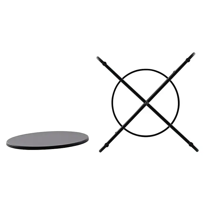 Sunfun Melina Garten-Beistelltisch rund - Ø x H: 60 x 57,5 cm, Stahl, Schwarz - Nahaufnahme eines auseinandergebauten, schwarzen Beistelltisches, bestehend aus einer Tischplatte und einem X-förmigen Gestell.