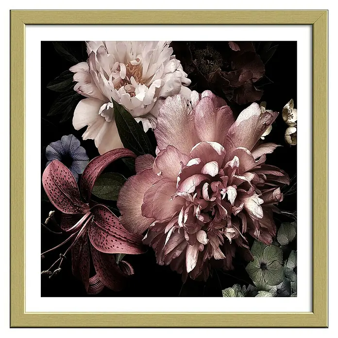 ProArt Bild Slim Scandic - Beautiful Roses, B x H: 33 x 33 cm - Gerahmtes florales Kunstwerk mit rosa und weißen Blüten auf dunklem Hintergrund. Dekoratives Wandbild mit edlem Goldrahmen.