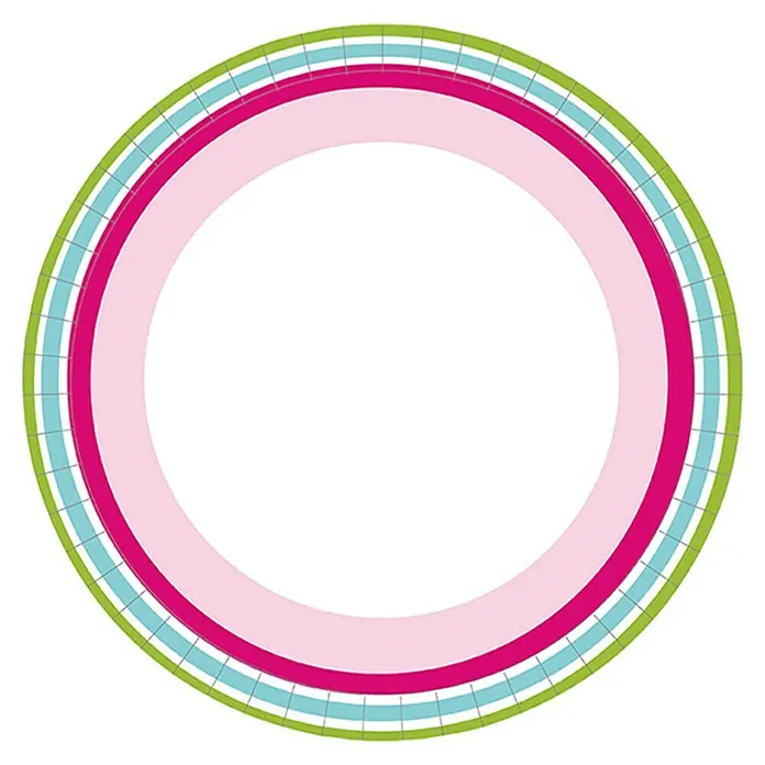 Duni Pappteller - 10 Stk., Durchmesser: 22 cm, Bright Stripes - Nahaufnahme eines dekorativen runden Papptellers mit grünen, blauen, rosa und weißen konzentrischen Kreisen und kariertem Muster.