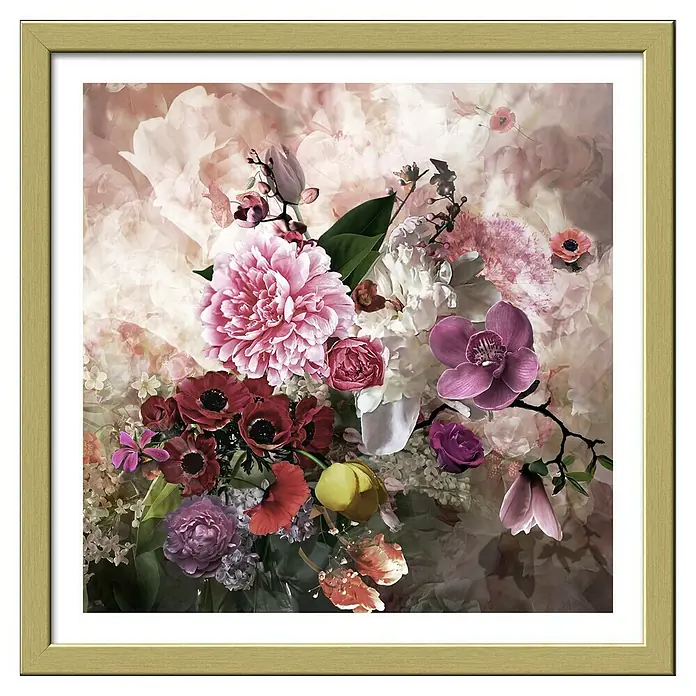 ProArt Bild Slim Scandic - Baroque Flowermix II, B x H: 33 x 33 cm - Gerahmtes florales Gemälde mit einem bunten Arrangement aus Pfingstrosen, Anemonen und Orchideen vor einem weichen, verschwommenen Hintergrund.